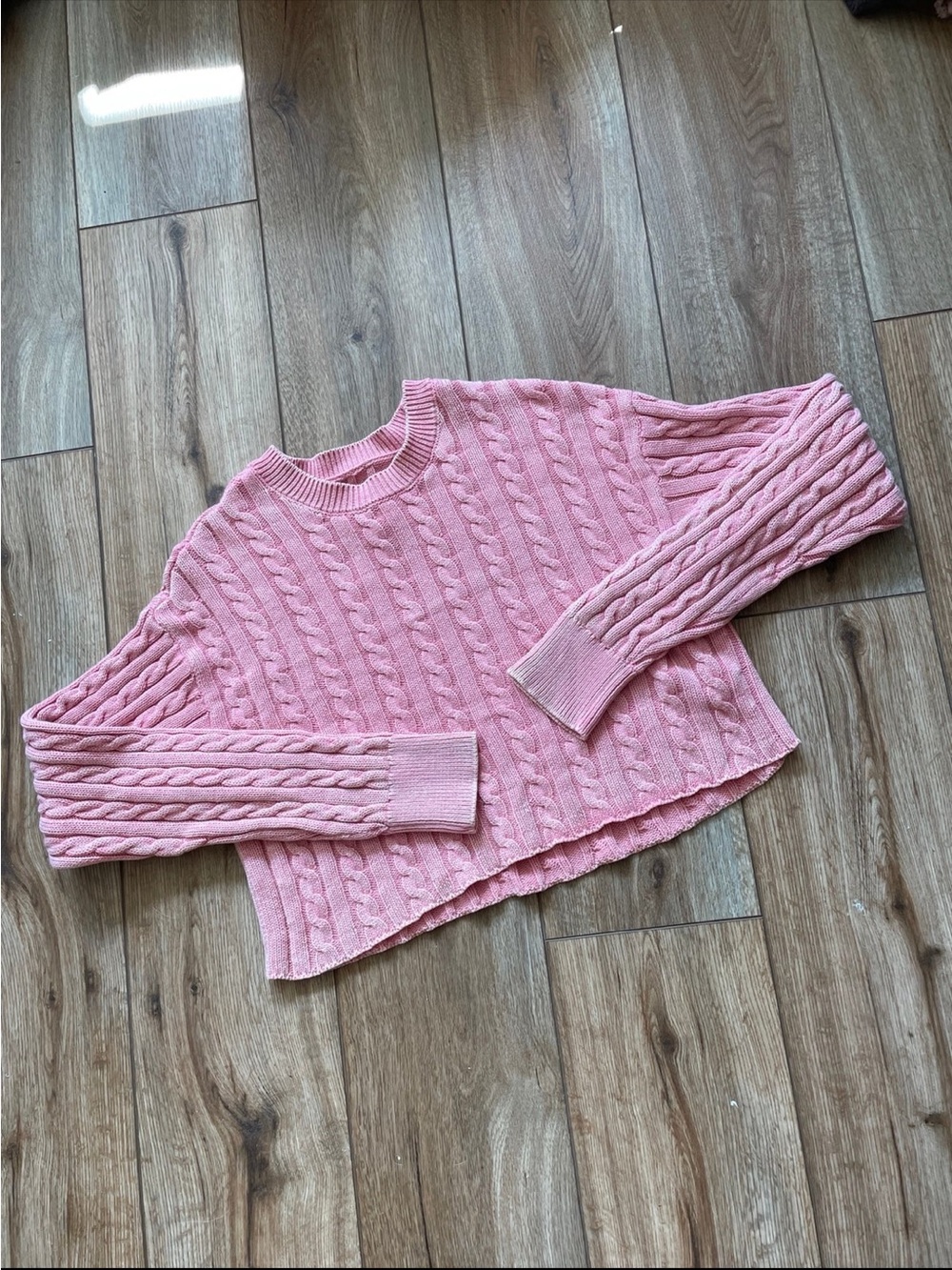 Aerie Pink Cable Knit Crewneck Sweater